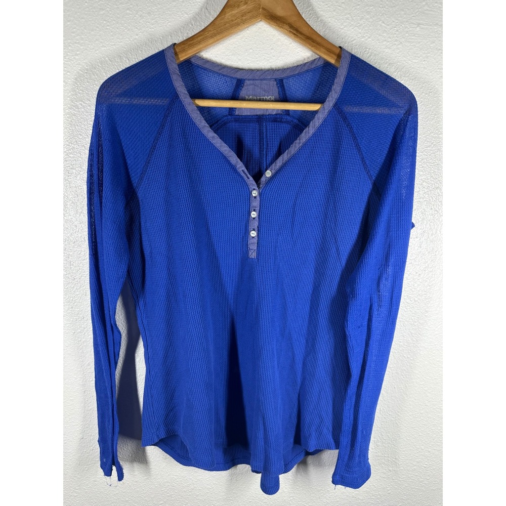 Marmot Henley Top Womens Large Blue Waffle Knit Long Sleeve Mesh Back Activewear